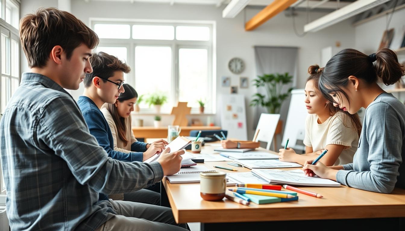 Students studying together in modern classroom